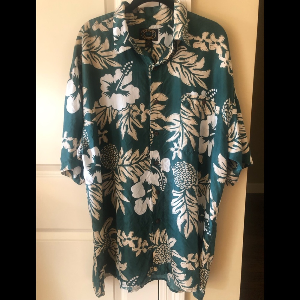 VINTAGE HAWAIIAN SILK COMPANY MEN’S BUTTON FRONT SHIRT 100% SILK LEAF PRINT XL